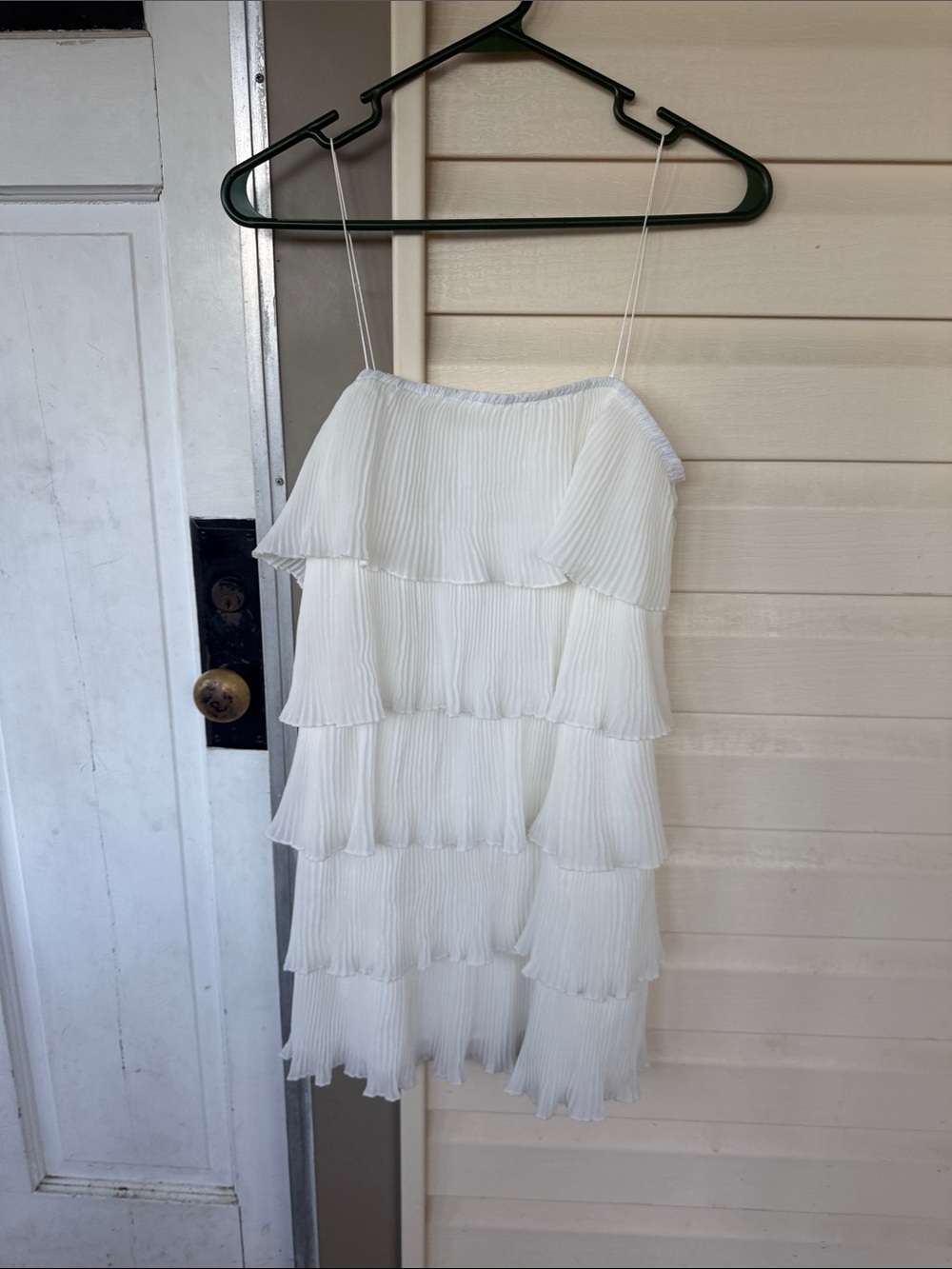 White Tiered Pleated Spaghetti Strap Dress